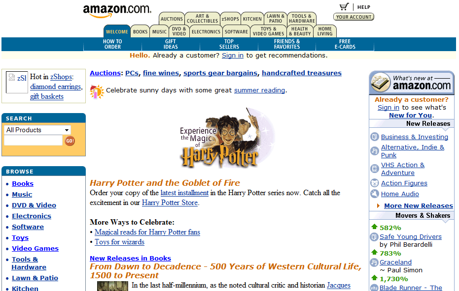 Amazon homepage with 15 tabs (2000)